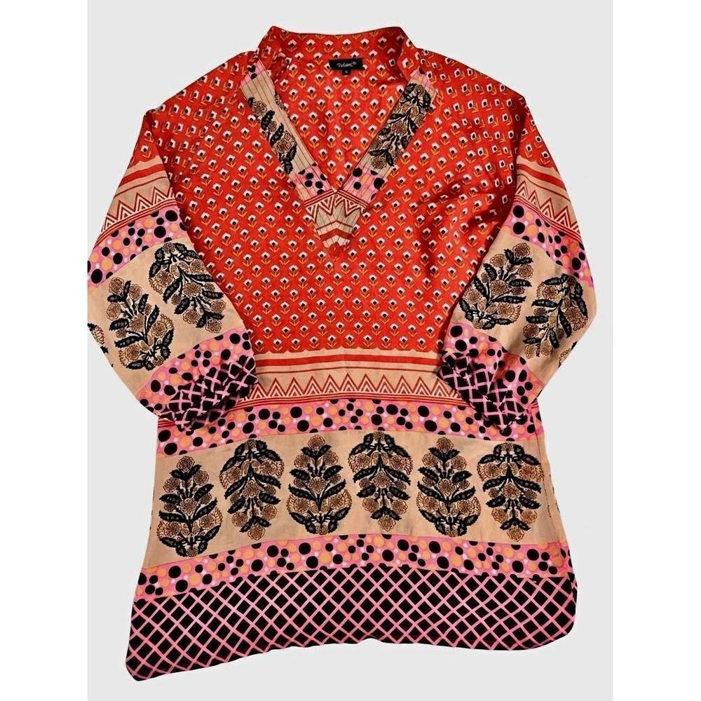 Tolani Womens Silk Satin Tunic Blouse S Floral Mixed Print V-Neck 3/4 Sleeve